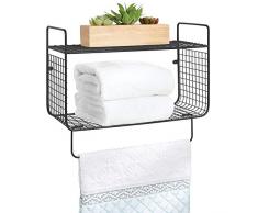mDesign Badregal aus Metall – Wandregal mit Zwei Ebenen zur Aufbewahrung von Shampoo, Badesalzen, Kosmetik etc. – mit praktischem Handtuchhalter – schwarz