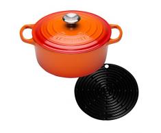 Le Creuset Gusseisen Bräter Signature rund 22 cm, ofenrot & Le Creuset Silikon-Accessoires Topflappen rund schwarz