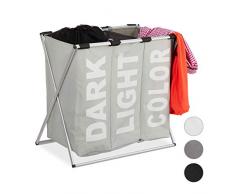 Relaxdays, grau 3er Wäschesortierer, Klappgestell, getrennter Wäschesack, 3 Fächer, 90 Liter, XXL Wäschekorb, eckig, Standard