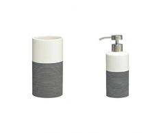 Sealskin Becher Doppio, Zahnputzbecher aus natürlichem Porzellan, Farbe: Grau, handbemalt + Seifenspender Doppio, Porzellan, Farbe: Grau, handbemalt