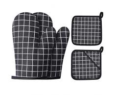 Win Change Ofenhandschuhe und Topflappen BBQ Handschuhe, Ofenhandschuhe und Topflappen mit recycelter Baumwolle Füllung, Silikon Anti-Rutsch-Kochhandschuhe zum Kochen Backen Grillen (4 Stück) schwarz
