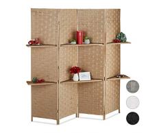 Relaxdays Paravent 4-teilig, Faltbarer Raumtrenner, Sichtschutz, 2 Ablagen, Papierseil, HxBxT 180 x 170 x 39 cm, Natur, 1 Stück