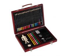 Relaxdays Malkoffer, 35-tlg. Zeichenset Holz, professionell mit Gliederpuppe, Anspitzer, Radiergummi, 26 Farbstifte, rot