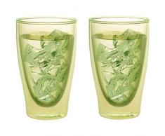 Levivo doppelwandiges langes Thermoglas 400 ml, ideal als Kaffeeglas oder Teeglas, mundgeblasene Thermo-Gläser, hitzebeständig, handgefertigt, kratzfest und spülmaschinengeeignet, 2er-Set, grün