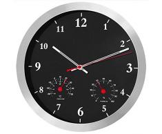 Maclean Wanduhr 14 leiser Tickmechanismus Silber perfekt für Schlafzimmer Küche Wohnzimmer mit Thermometer Temperaturanzeige und Hygrometer Feuchtigkeitsmesser geräuscharm (Schwarz)