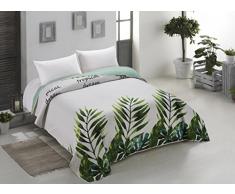 AmeliaHome 00189 Tagesdecke 260x280 cm weiß grün grau Bettüberwurf zweiseitig Steppung pflegeleicht Monstera Blätter Pflanzenmuster stahl hellgrün seladongrün anthrazit Makia