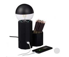 Relaxdays Tischlampe mit USB Anschluss, Stiftehalter, E 27 Fassung, Schreibtischlampe HxBxT: 18,5 x 19 x 10 cm, schwarz