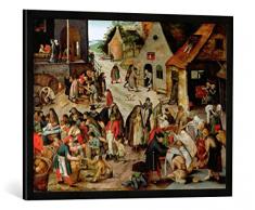 Gerahmtes Bild von Pieter Brueghel der JüngereDie Werke der Barmherzigkeit, Kunstdruck im hochwertigen handgefertigten Bilder-Rahmen, 80x60 cm, Schwarz matt