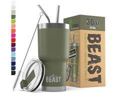 BEAST Edelstahl Becher Vakuumisolierte Tasse Kaffeebecher Doppelwandige Reiseflasche Thermobecher mit Spritzfestem Deckel, Paket mit 2 Strohhalmen, Rohrbürste & Geschenkbox (30oz, Militärgrün)