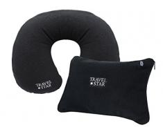 2er Set: Aufblasbares Nackenhörnchen + Kissen mit Fleece-Bezug (Schwarz) (TS-N-4001)