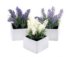 MyGift Set 3 Stück Sortiert Farbe Künstliche Lavendel Blume Pflanzen in weiß strukturiert Töpfe