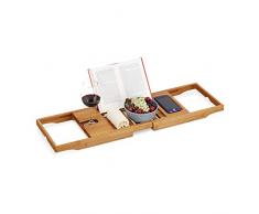 Relaxdays XL Badewannenablage, mit Buchstütze & für Tablet, Badewannenbrett, Bambus, ausziehbar 70-105 cm, Natur, 1 Stück