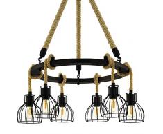 EGLO Pendellampe Rampside, 6 flammige Vintage Pendelleuchte im Industrial Design, Metallkorb, Hängelampe aus Stahl und Holz, Fassung: E27, Farbe: schwarz, braun