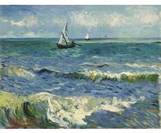 Wieco Art V0019 Ölgemälde, Motiv Meereslandschaft bei Saintes Maries, von Vincent Van Gogh Ölgemälde, Reproduktion, Giclée-Kunstwerk für Wanddekoration, gespannt und gerahmt, modernes Leinwandbild für Zuhause und Büro,