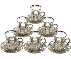 copperbull 2018 Türkische Teegläser mit Untertassen Halterungen & Löffel, 24 Stück silber