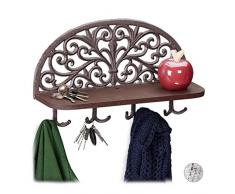 Relaxdays Wandgarderobe mit Ablage, Antik Design, 4 Doppelhaken, Schlüsselbrett, Gusseisen, HBT: 23x39x11,5 cm, braun, 1 Stück