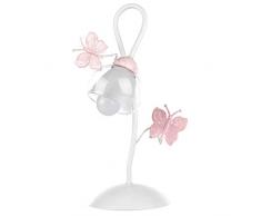 ONLI Tischlampe aus Metall Schmetterlinge bemalt in Rosa. Weißes und transparentes Glas