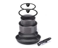 Moneta Etnea Minispace Batterie/Akku 7 Teile bestehend aus Bratpfanne 24 und 28 Pfanne, Deckel Glas Rand Silikon 16 und 20 cm, Ein beweglicher Griff, Aluminium