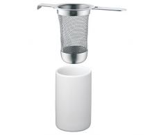 WMF Tee-Set 2-teilig Kult Cromargan Edelstahl rostfrei und Porzellan Teesieb Steinzeug-Behälter