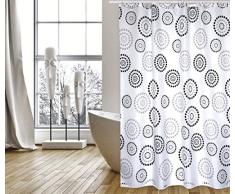 MSV Cotexsa by Premium Anti-Schimmel Textil Duschvorhang - Anti-Bakteriell, waschbar, 100% wasserdicht, mit 12 Duschvorhangringen - Polyester, „Dots“ Schwarz/Weiß 180x200cm – Made in Spain