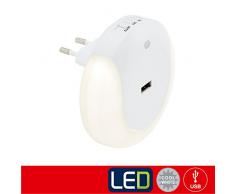 Briloner Leuchten LED Nachtlicht Kinder für die Steckdose, Auto-Dämmerungs-Sensor, 3 Schaltoptionen, rund, inklusive USB-Anschluss, Ø 9 cm