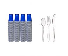 AmazonBasics - Partybecher aus Kunststoff, Einwegbecher, 473 ml, (240er-Pack), Blau & Plastikbesteck-Set, 360-teilig, je 180 Gabeln, 120 Löffel und 60 Messer