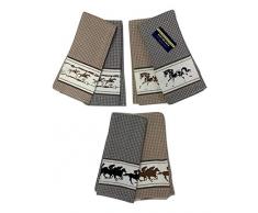 Geschirrtücher mit Pferdemotiv, Waffelbaumwolle, Beige und Grau, 2er-Set Renn-Thema.