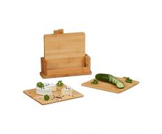 Relaxdays Schneidebrett 4er Set, Küchenbrett, Brettchen, mit Ständer, pflegeleicht, natürlich, messerschonend, natur
