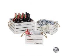 Relaxdays Holzkiste Vintage 3er Set, Maritimer Look, Schriftzug, Obstkiste in 3 Größen, Aufbewahrung & Deko, weiß