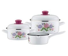 GSW 189965 Kochtopf-Set Hortensie 5-tlg, Stahl-Emaille, Kunststoff, weiß