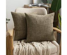 MIULEE Deko-Kissenbezüge, Leinen, Jute, quadratisch, solide Landhaus, modern, prägnant, Kissenbezug für Sofa, Auto, 2 Stück 16×16 braun