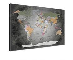 LANA KK - Weltkarte Leinwandbild mit KorkrÃ¼ckwand zum pinnen der Reiseziele â âWorldmap Edelgrauâ - englisch - Kunstdruck-Pinnwand Globus in grau, einteilig & fertig gerahmt in 120x80cm