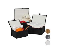 Relaxdays Aufbewahrungskorb 3er Set, Deckel & Stoffeinsatz, Bambuskorb, dekorative Aufbewahrungsbox, 3 Größen, schwarz
