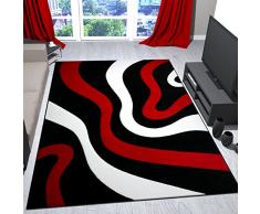 VIMODA Wohnzimmer Teppich Rot, Schwarz Und Weià Mit Wellen Muster Friseé Flauschig Weich Konturenschnitt, MaÃe:80x150 cm