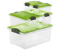 Rotho Compact 5er-Set Aufbewahrungsbox mit Deckel Verschiedene Größen von 4.5 l bis 38 l, Kunststoff (PP), grün/transparent, 1x A3/2xA4/2xA5, 5