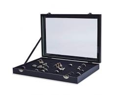 AKORD Schmuckkästchen für 100 Ringe, Samt, Schwarz, 35,5 x 24,5 x 4,5 cm