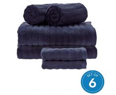 iDesign 6er-Set Handtücher mit Aufhänger, Handtuch Set aus 100% Baumwolle mit Streifenstruktur, Handtücherset mit je 2 Handtüchern, Badetüchern und Waschlappen, marineblau