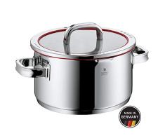 WMF Function 4 Kochtopf, hoch 24cm, Glasdeckel, Fleischtopf 5,7l, Cromargan Edelstahl poliert, 4 Abgießfunktionen, Innenskalierung, Topf Induktion, unbeschichtet, rot