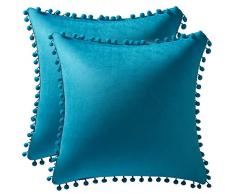 Dezene Kissenbezüge aus Samt mit Pompons, 2 Stück 24x24, 2 PCS türkis
