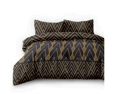 4tlg 2 x Biber Bettwäsche 135x200 cm mit 2 Kopfkissenbezügen 80x80 cm 100% Baumwolle geometrisches Muster Bettbezug Reißverschluss schwarz gelb