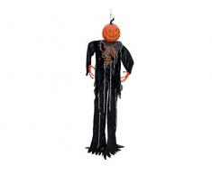 EUROPALMS Halloween Figur Kürbis-Geist | Geschnitzter Kürbis als Halb-Skelett-Hängefigur | Farbwechselnde LED im Inneren des Kürbiskopfes | Betrieb über DREI 1,5-V Batterien, Typ LR44 | Höhe 200 cm