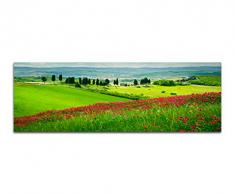 Panoramabild auf Leinwand und Keilrahmen 150x50cm Toskana Blumenwiese Zypressen Landschaft
