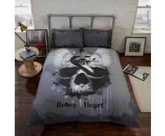 Rebel Heart Bettwäsche-Set aus Bettbezug und Kissenbezügen, Gothic Skull, Grau, King Size
