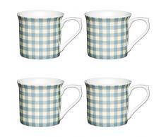 Kitchen Craft AMZKCMFLT13SET4 Feine Tassen aus Knochenporzellan in Flötenformblue Gingham Motiv, 300 ml, Porzellan, blau, 8,5 x 11,5 x 8 cm, 4-Einheiten