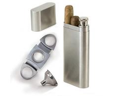 Perfect Pregame Zigarrenetui Geschenkset - Zigarrenbox für 2 Zigarren und 60ml (2oz) Edelstahl Flachmann Combo - Inklusive Zigarrenschneider und Trichter - Großartiger Trauzeugen Flachmann