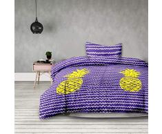 AmeliaHome 2tlg Bettwäsche 140x200 cm mit 1 Kopfkissenbezug 63x63 cm Wellen Microfaser Reißverschluss Basic Collection Pineapple violett gelb