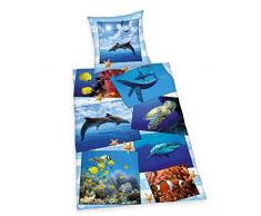 Herding Young Collection Bettwäsche-Set, Meerestiere Wendemotiv, Bettbezug 160 x 210 cm, Kopfkissenbezug 50 x 70 cm, Baumwolle/Renforcé
