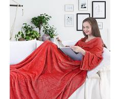 DecoKing Kuscheldecke mit Ärmeln 170x200 cm rot Microfaser TV Decke weich Tagesdecke Lazy