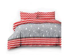 AmeliaHome 06310 2tlg Biber Bettwäsche 155x220 cm mit 1 Kopfkissenbezug 80x80 cm 100% Baumwolle Bettbezug Reißverschluss Snuggy Collection Christmas Mess Tannenbaum weiß rot grau