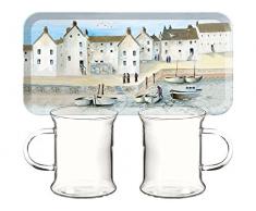 CREATIVE TOPS Tee für Zwei Glas Bierkrug und Tablett Set, blau/neutral, Set von 3 _ PPPP, Glas, Blue/Neutral, 9.9 x 28 x 16 cm